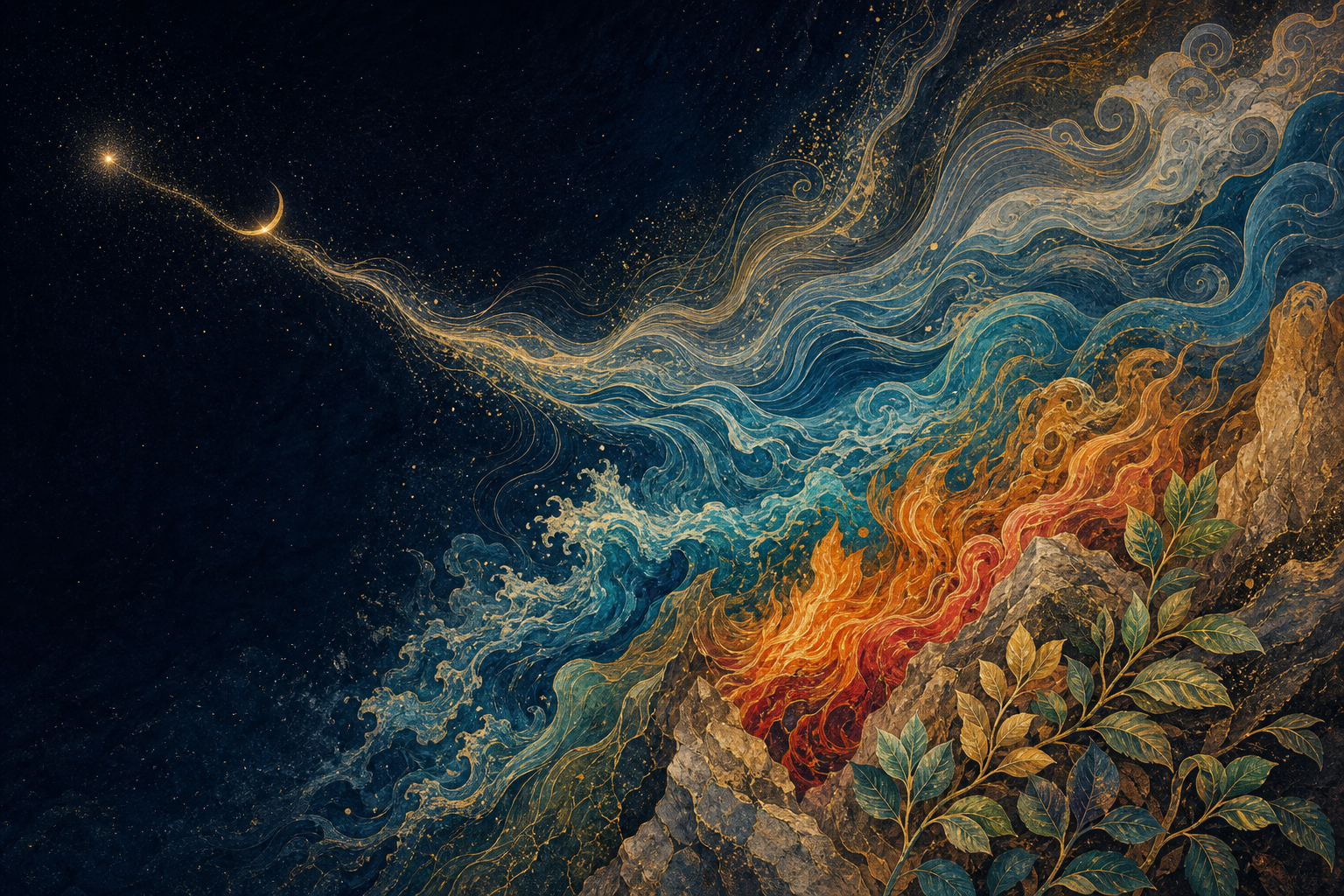 A point of light unfolds through crescents and waves into abstract forms resembling the natural elements and living leaves.
