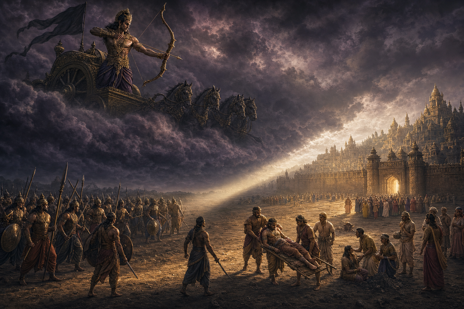 Indrajit pauses with a drawn bow inside a clouded chariot while armed fighters, wounded warriors, attendants, and sheltered civilians occupy distinct areas below.