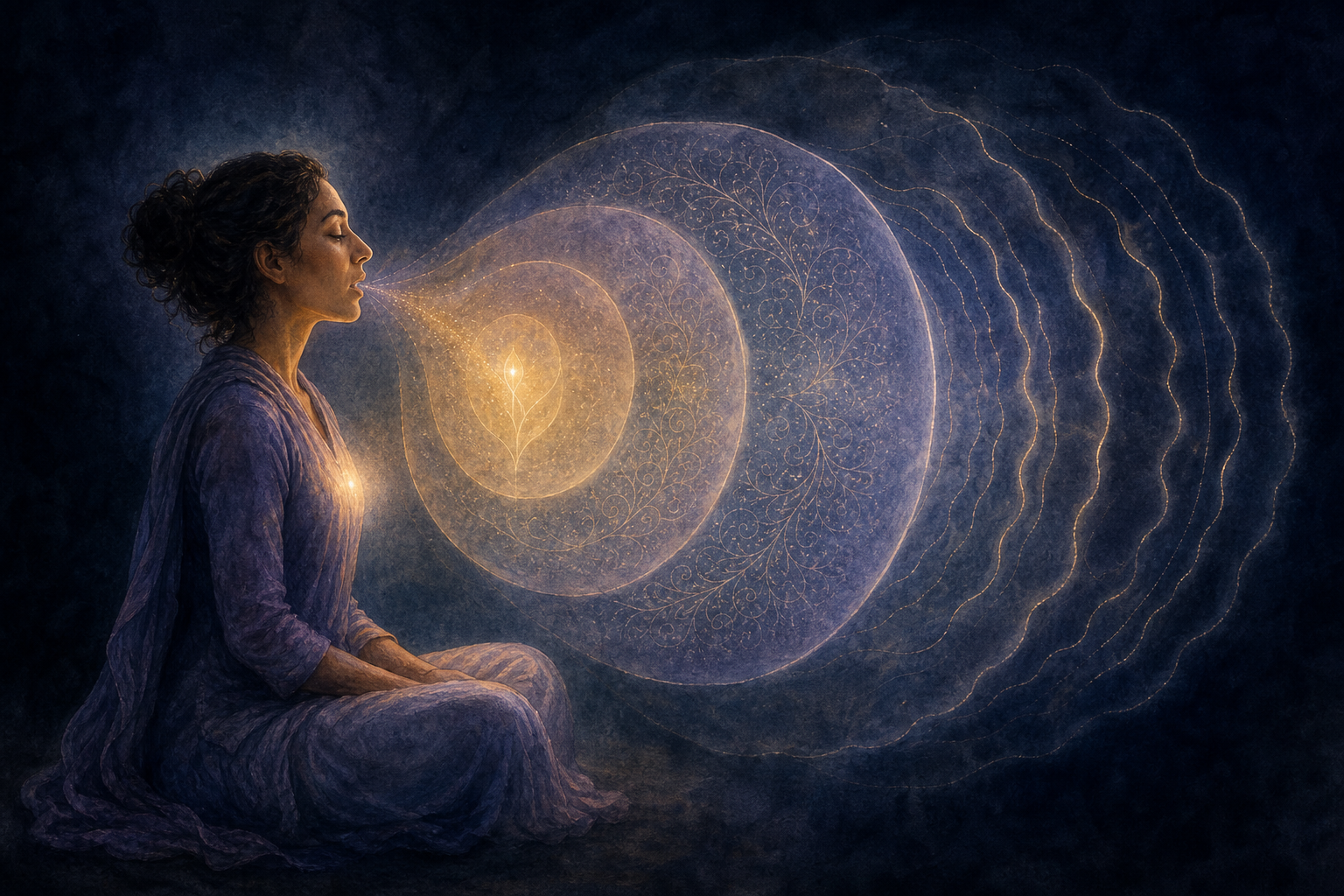 A seated figure in profile is surrounded by four nested layers that progress from a small inner light to sound ripples at the lips.