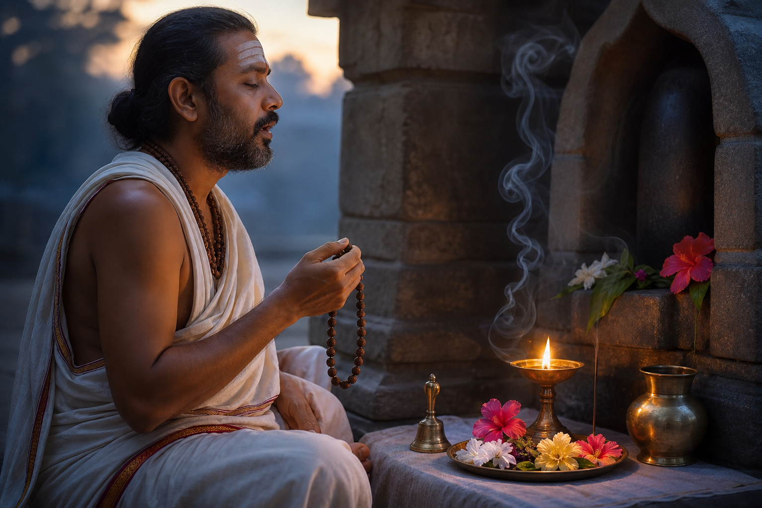 A seated worshipper chants with prayer beads before a simple stone shrine with a bell, oil lamp, flowers, water vessel, and incense.