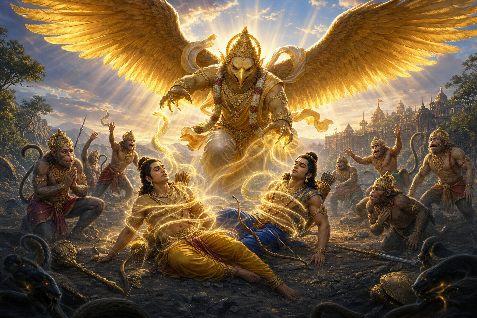 Garuda descends in golden dawn light and releases two fallen archers from luminous serpent bonds without harming their companions or the surrounding battlefield.