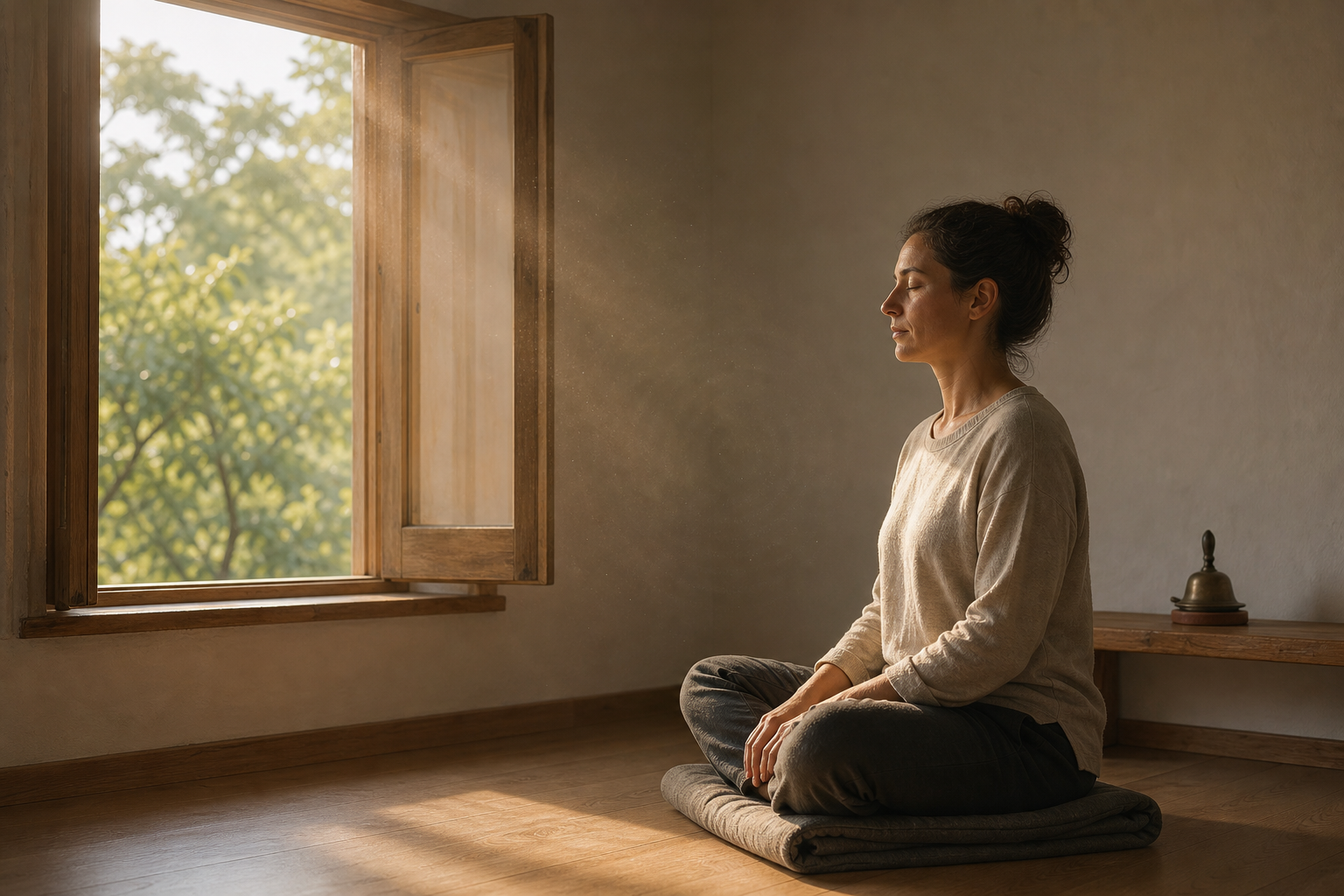 A person sits upright on a cushion beside an open window, listening quietly as morning light enters the simple room.
