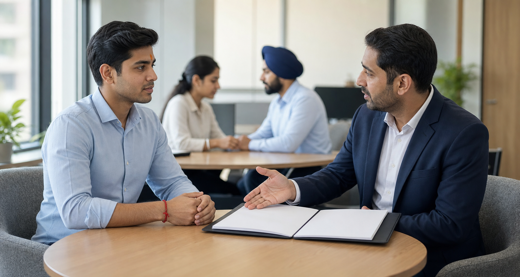 An employee wearing a small tilak and kalawa discusses a blank dress-code document with a manager in a modern office while coworkers work in the background.