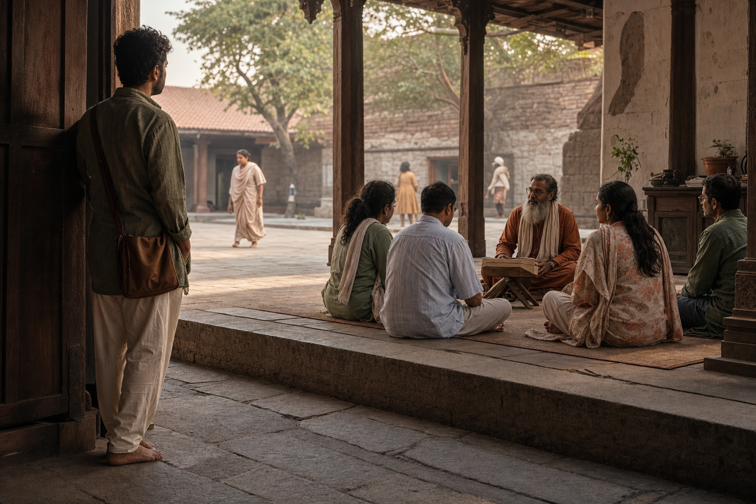 An adult seeker pauses at the entrance to a courtyard where a teacher and several students sit together on simple mats.