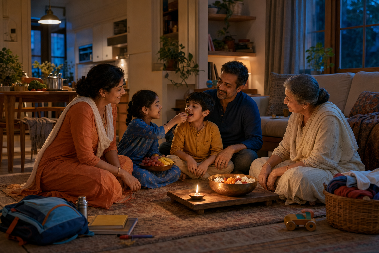 A multigenerational South Asian family sits together at home as one child offers fruit to a younger sibling beside a small glowing oil lamp.