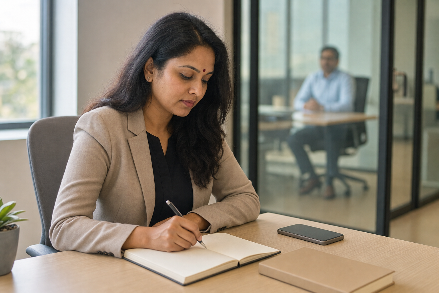 An employee wearing a small bindi records the details of a workplace conversation in a notebook at a quiet office desk.