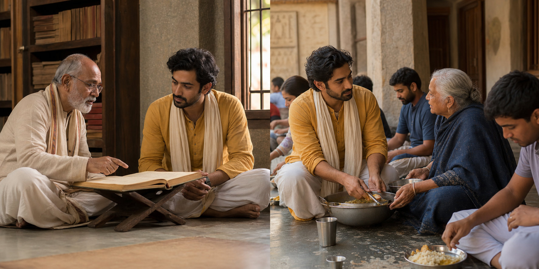 A teacher studies beside an older mentor in one scene and serves a communal meal with students in another.