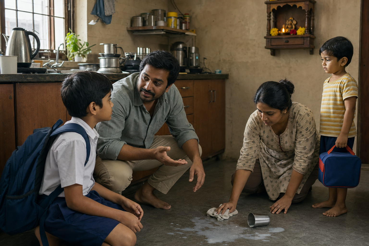 A parent apologizes to a child after spilling a drink while another adult cleans the kitchen floor during a busy morning.