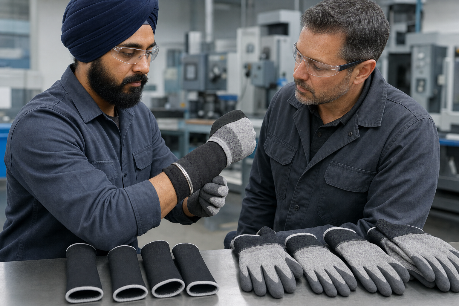 A Sikh employee and a safety specialist test a protective wrist covering over a kara in an industrial workshop.