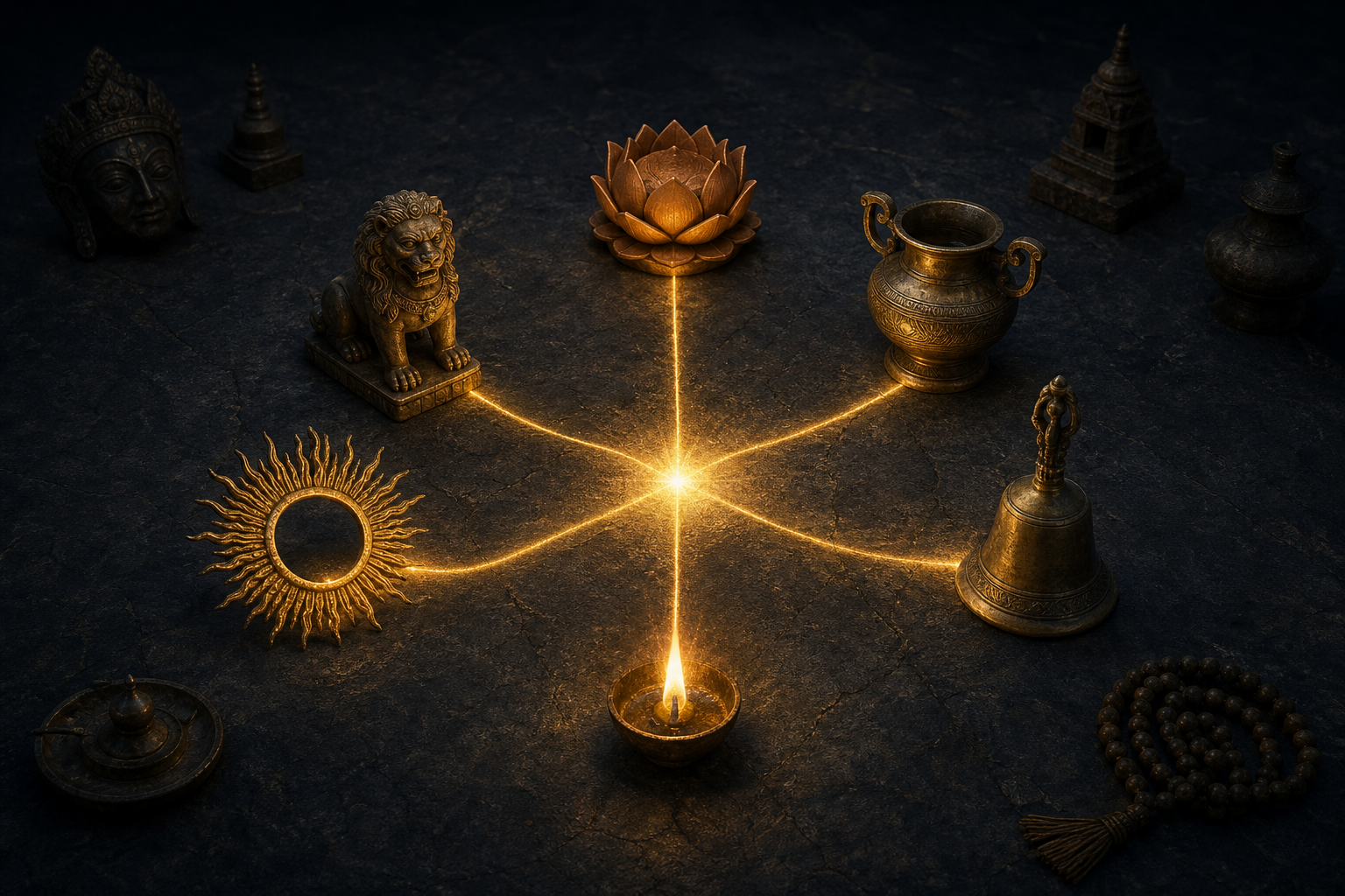 Ritual objects, including a lotus pedestal, lion sculpture, vessel, bell and flame, are linked by golden paths to one glowing center.