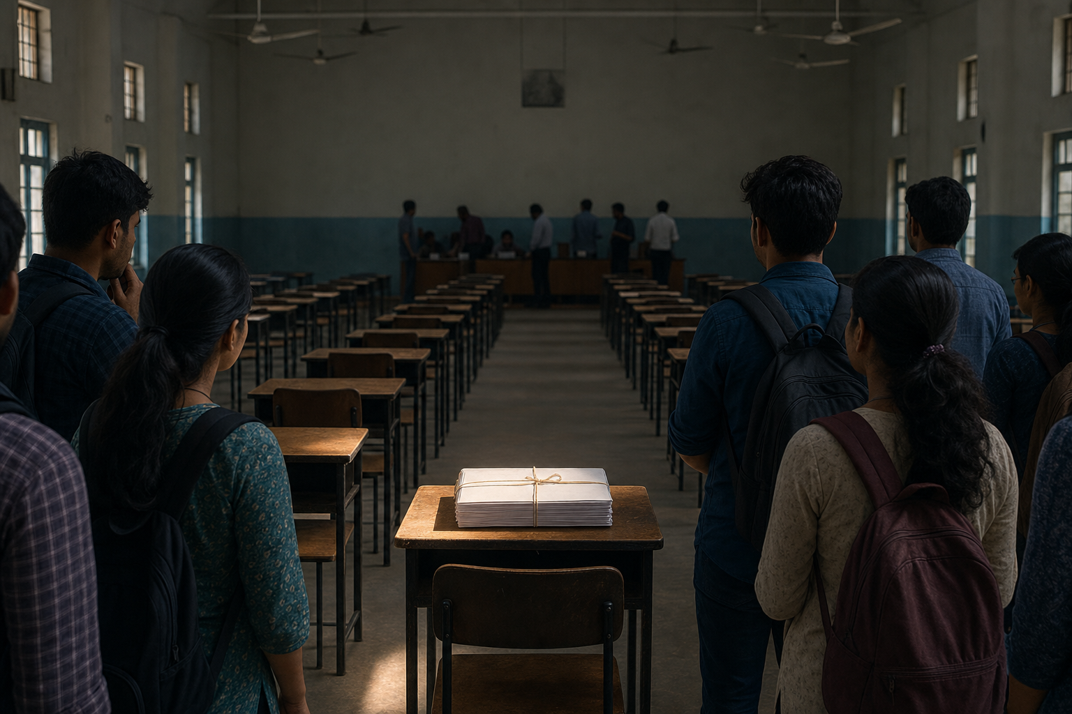 Candidates wait in an examination hall as sealed, unmarked test papers are returned for re-evaluation.