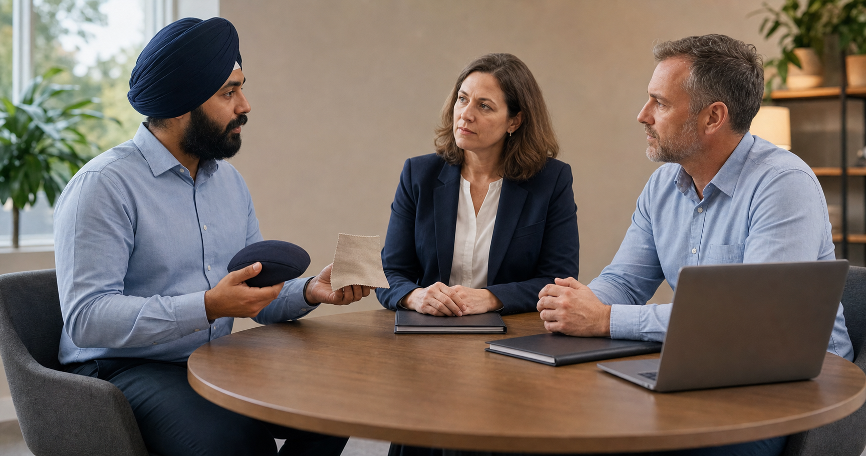 An employee wearing a dastar presents two unlabeled accommodation options to a manager and a human-resources representative.