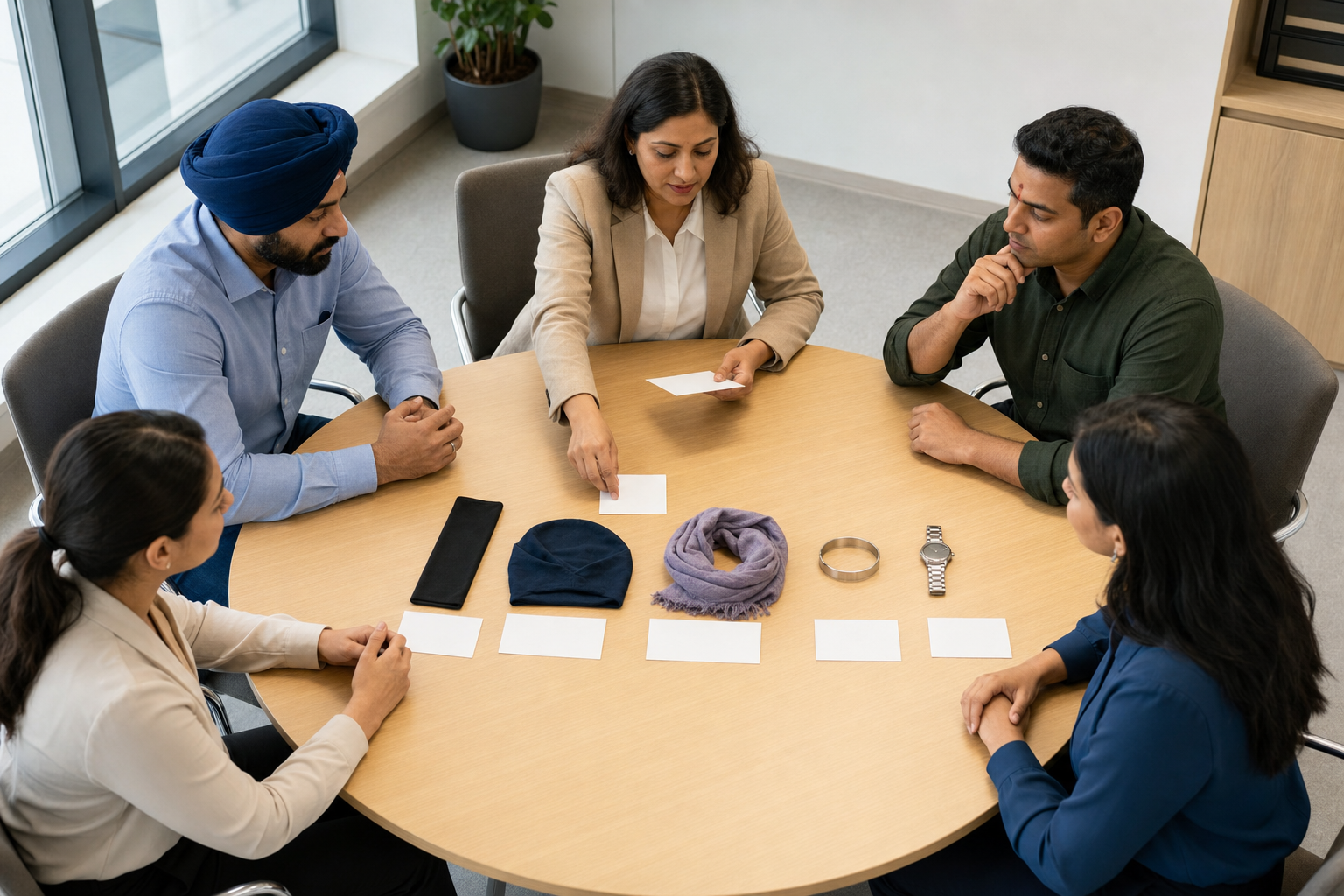 A diverse workplace committee compares religious and nonreligious personal items around a circular table while reviewing an inclusive policy.