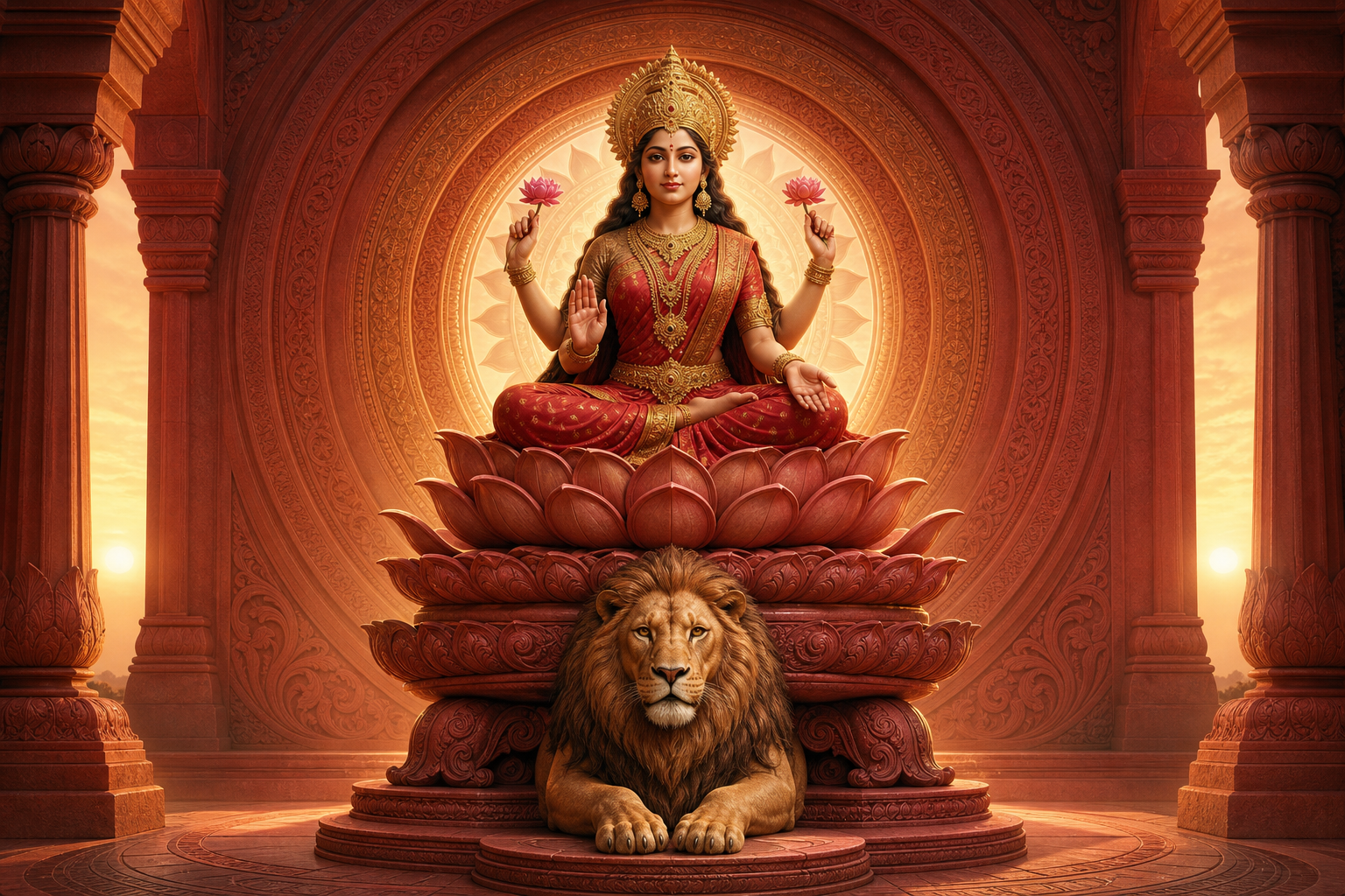 A four-armed Goddess sits on a layered lotus throne above a resting lion, with all three aligned inside a glowing circular sanctuary.