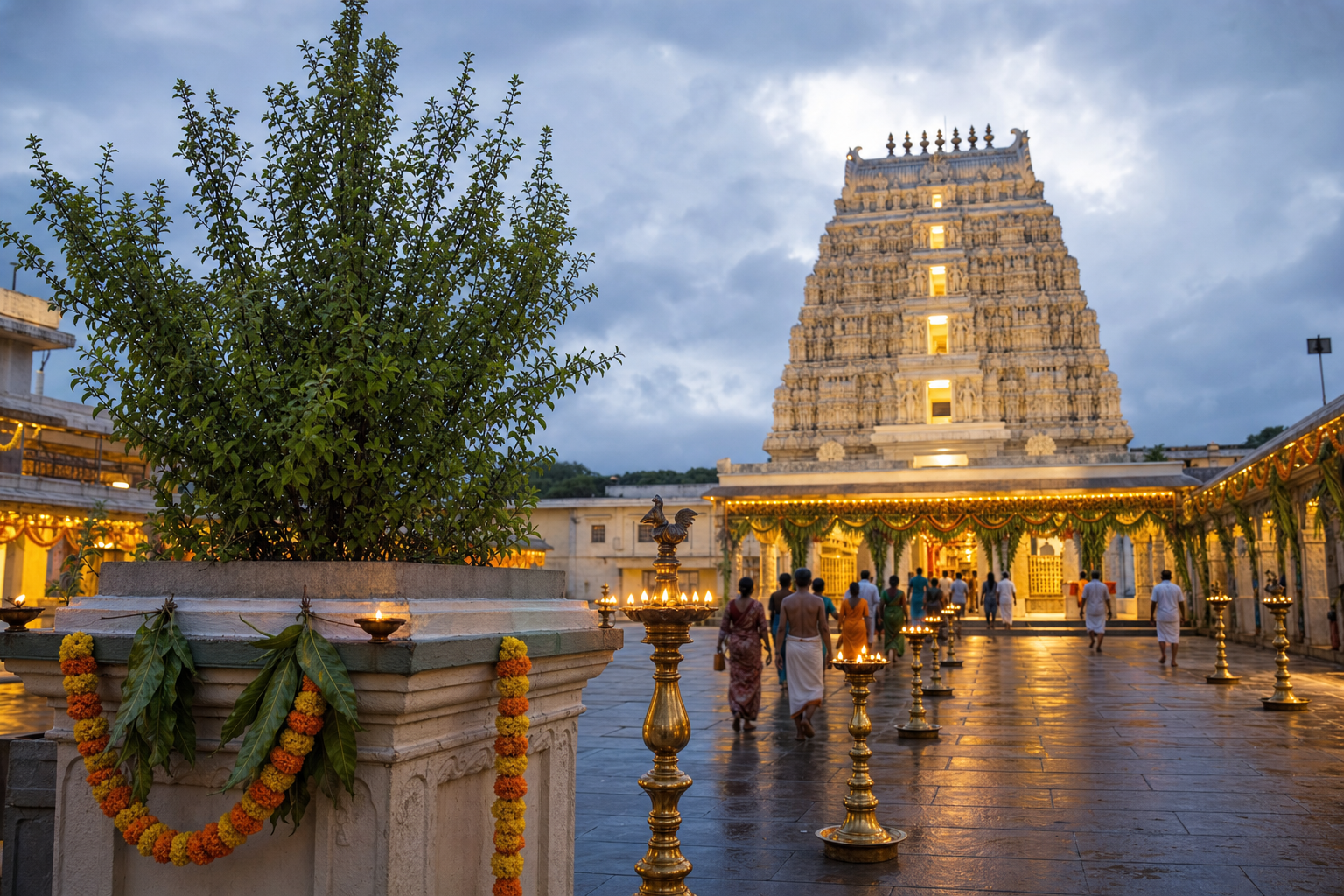 A sacred tulasi plant, brass oil lamps, flower garlands, and pilgrims in the courtyard of a South Indian Vaishnava temple at dawn.