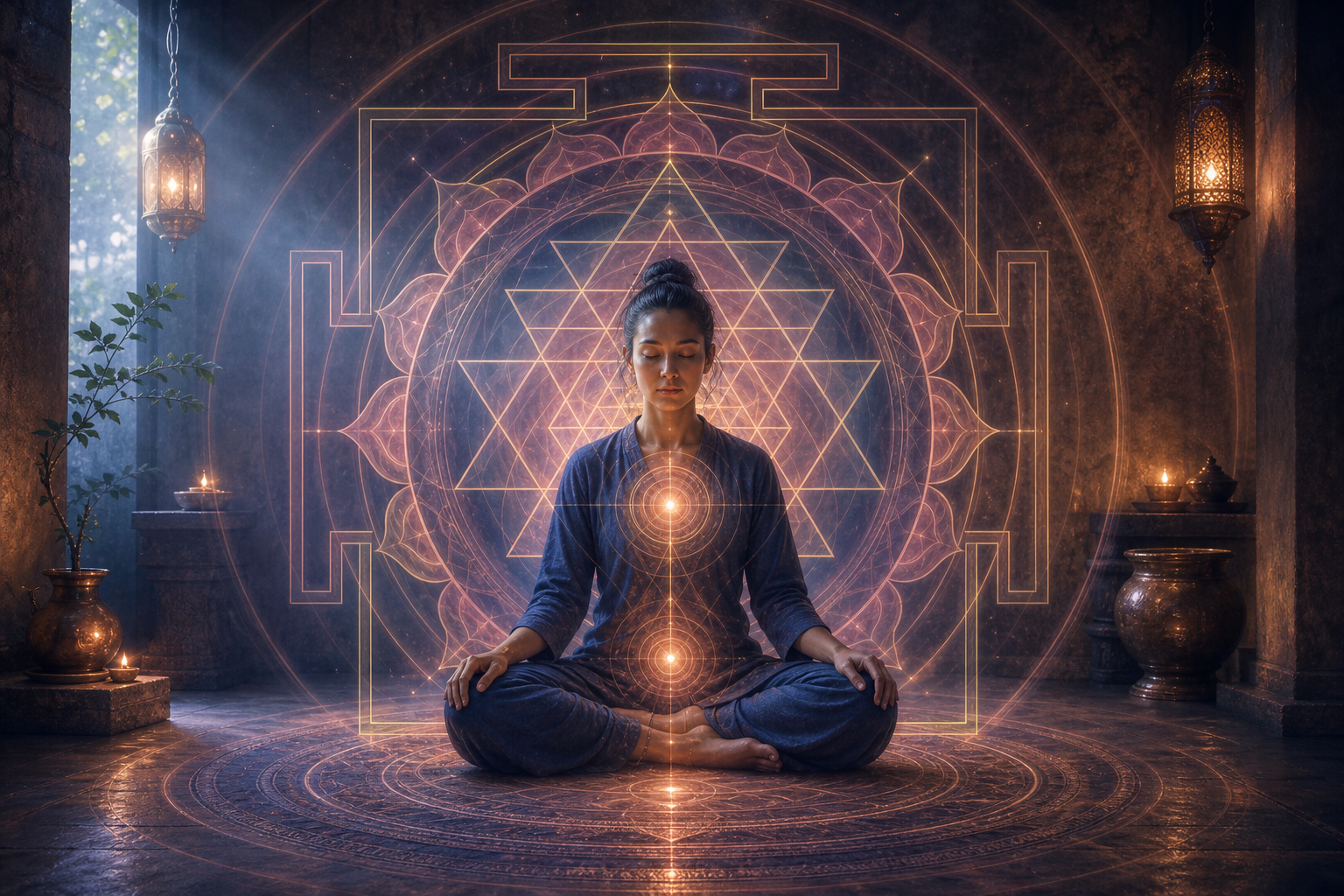 A seated practitioner is aligned with a luminous yantra while soft waves of light radiate from the torso through its geometric layers.