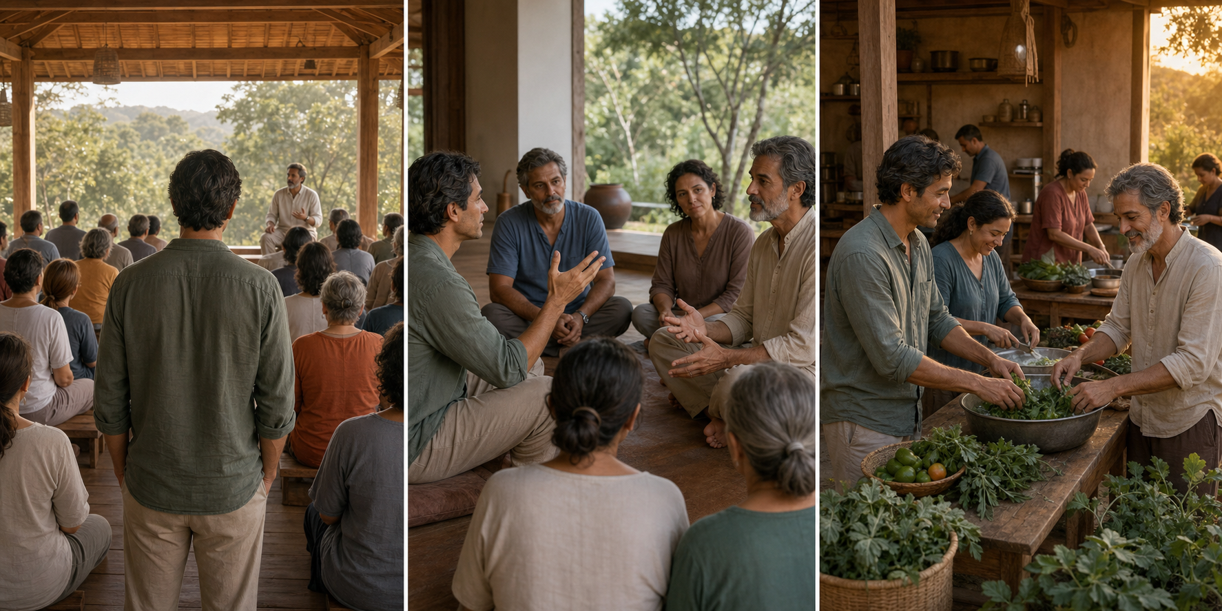 Three scenes show a seeker attending a public teaching, asking a question in a group, and joining community work while observing the teacher.