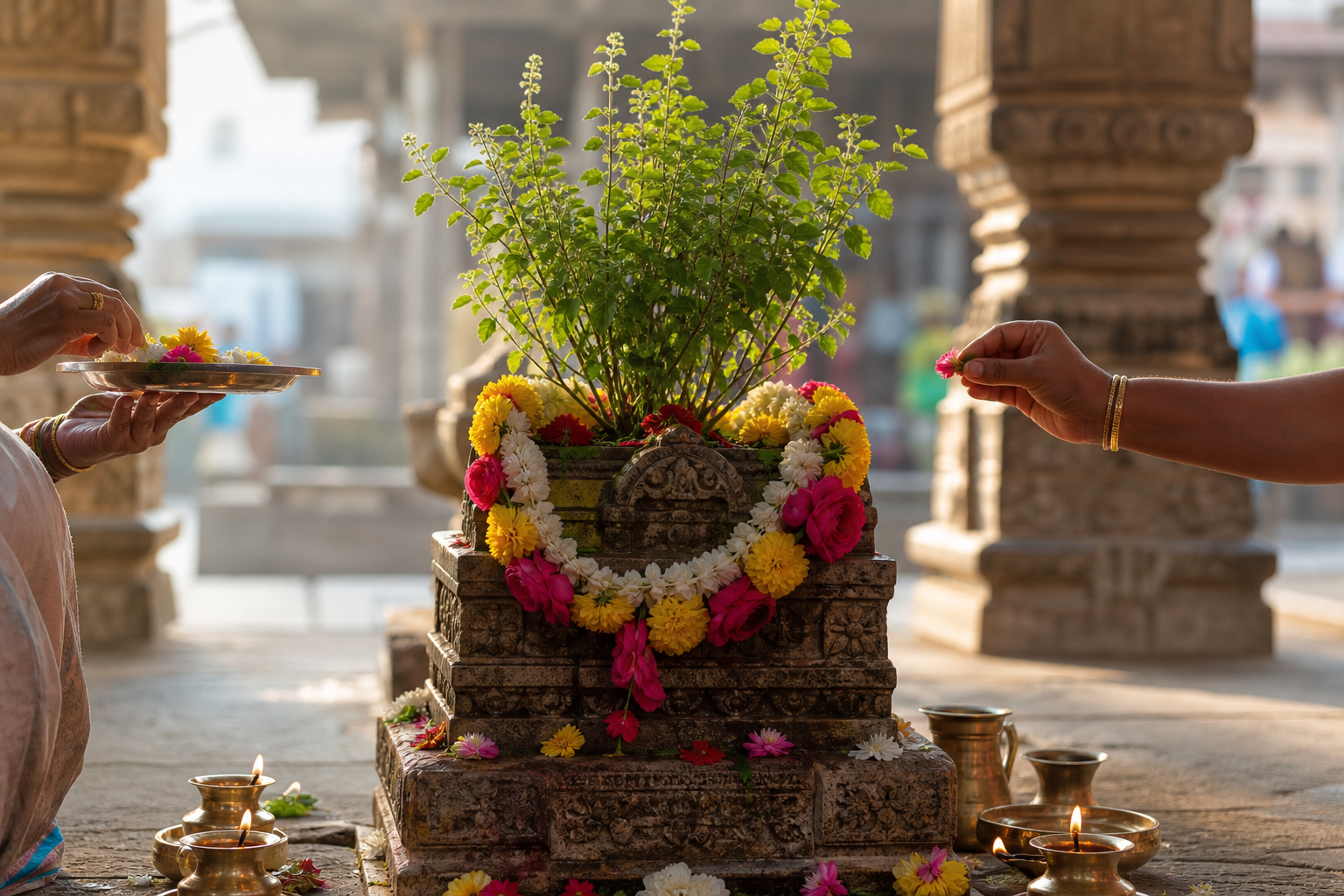 A garlanded sacred tulasi plant surrounded by brass lamps, flower petals, ritual vessels, and devotees offering flowers in a temple courtyard.