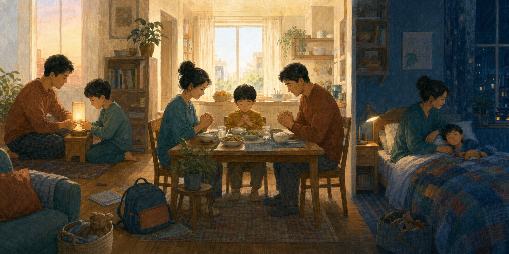 One family lights a lamp in the morning, pauses together before a meal, and shares a quiet moment at bedtime.