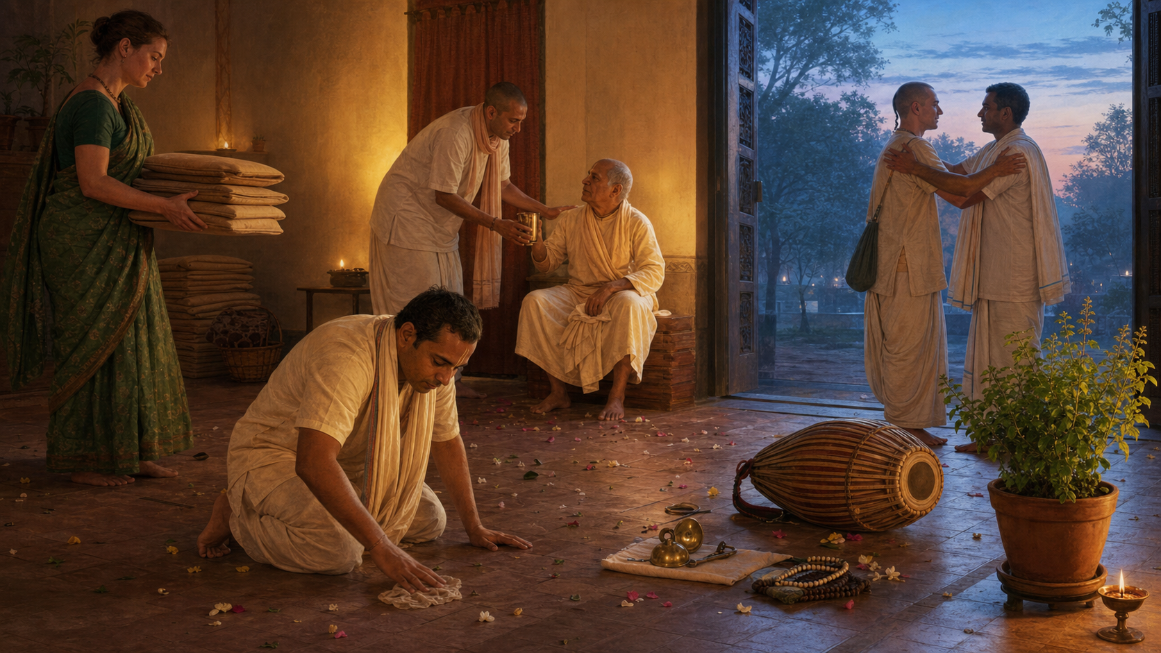 Adult Gaudiya practitioners quietly clean a temple hall, stack cushions, offer water, and reconcile after a kirtana.