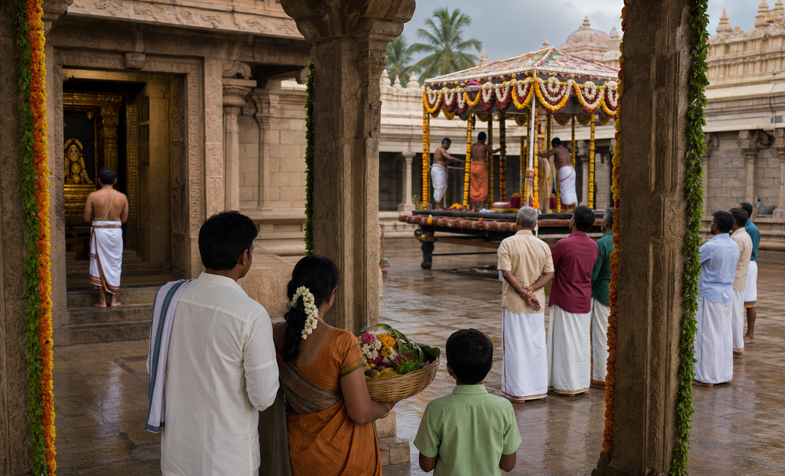 Devotees pray, carry offerings, and gather near a ceremonial canopy in a decorated South Indian temple courtyard.