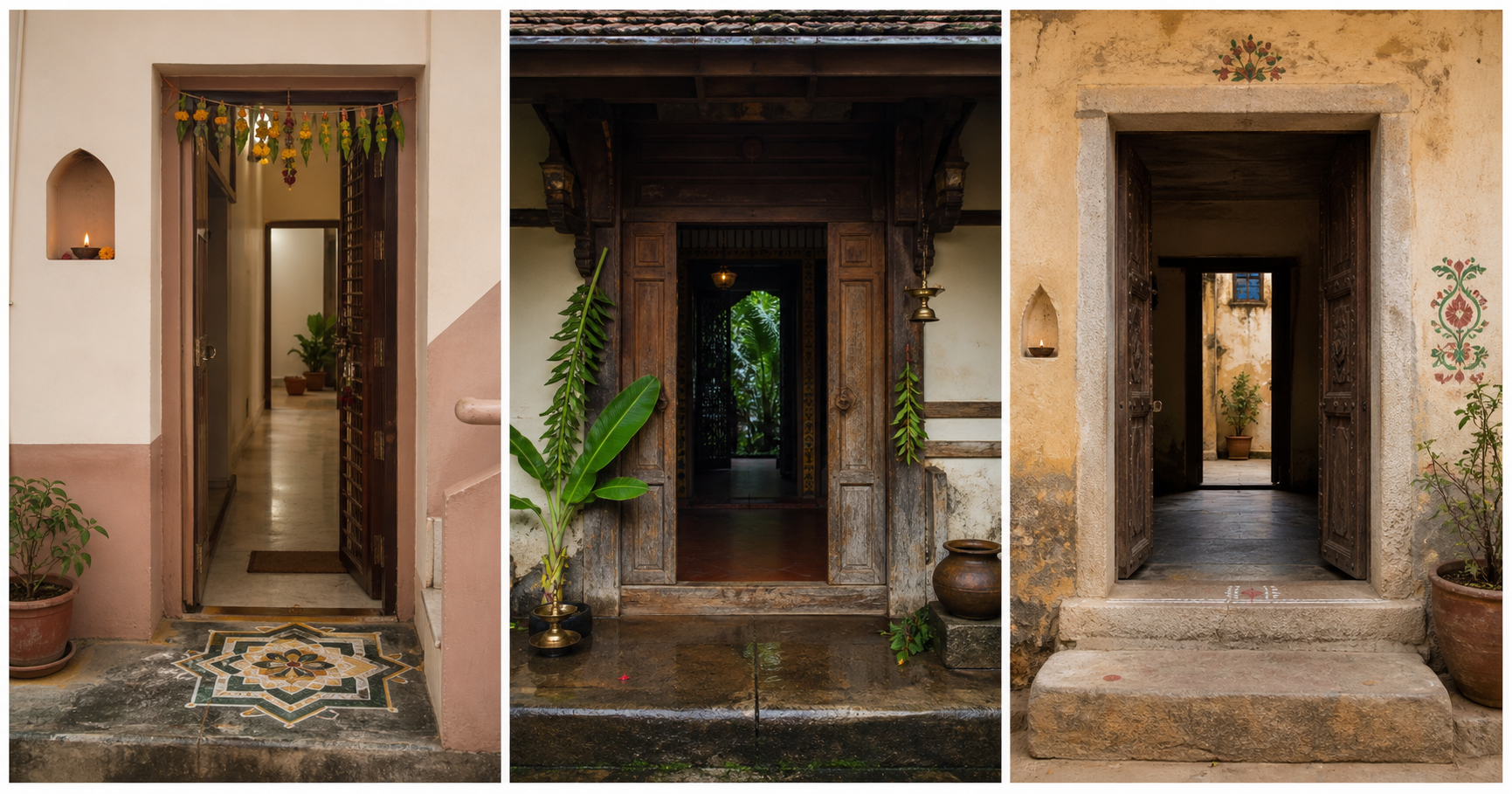 Three contrasting household entrances—an apartment doorway, a coastal timber entrance, and a stone courtyard threshold—each prepared with different decorative details.