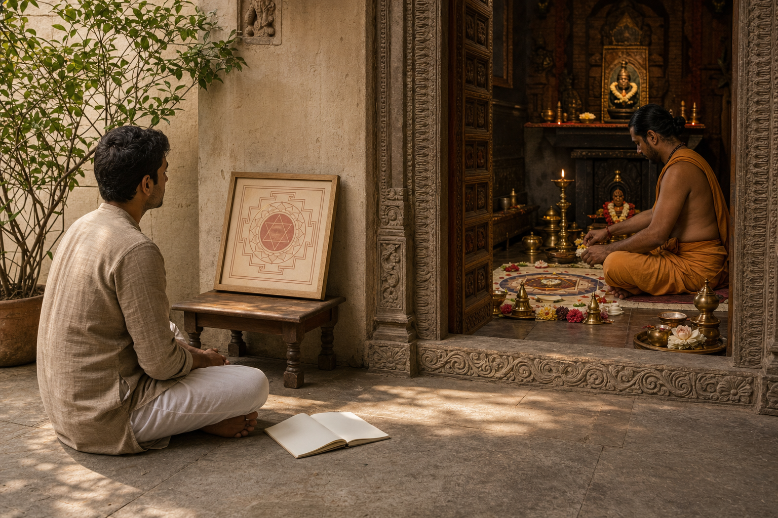 One person quietly observes a yantra outside a shrine while a practitioner tends a prepared altar with lamps, vessels, flowers and offerings beyond a threshold.