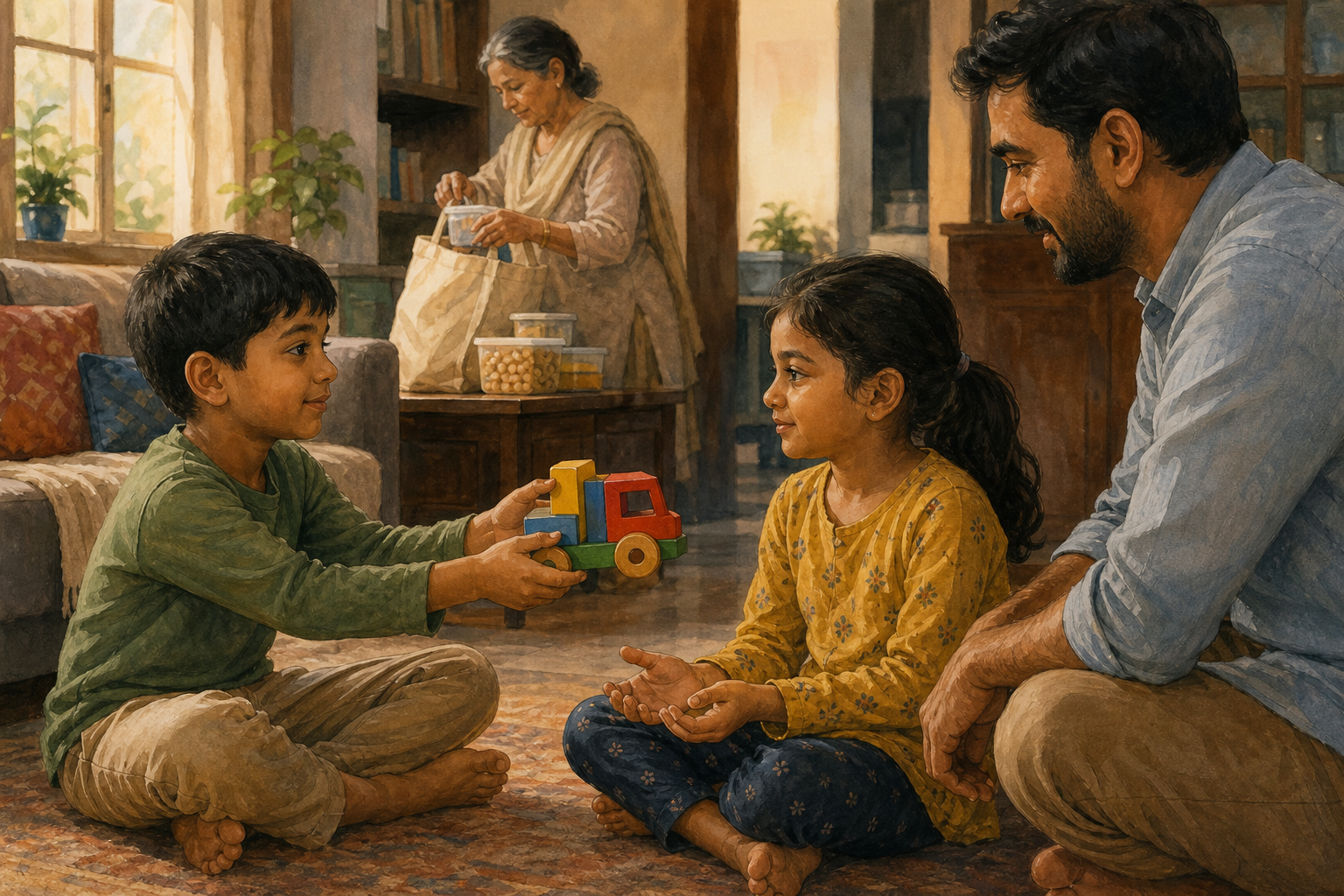 Two siblings resolve a disagreement by sharing a wooden toy while a parent listens and a grandparent packs food containers nearby.