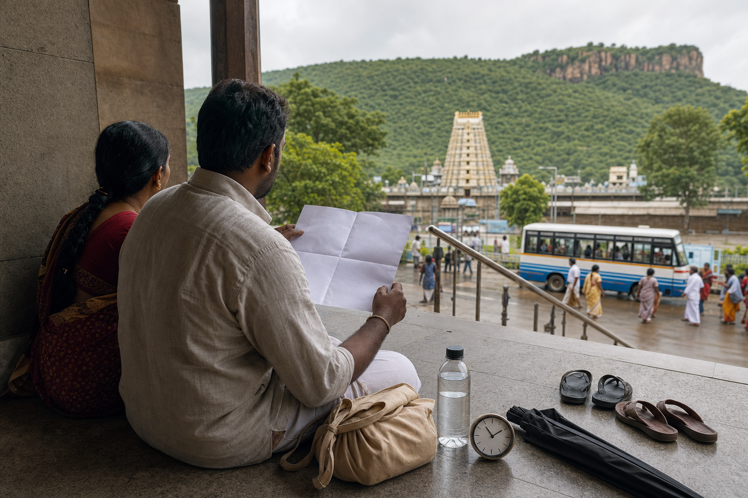 Two pilgrims plan a temple visit on a veranda with a blank folded map, clock, water bottle, umbrella, and a distant gopuram.