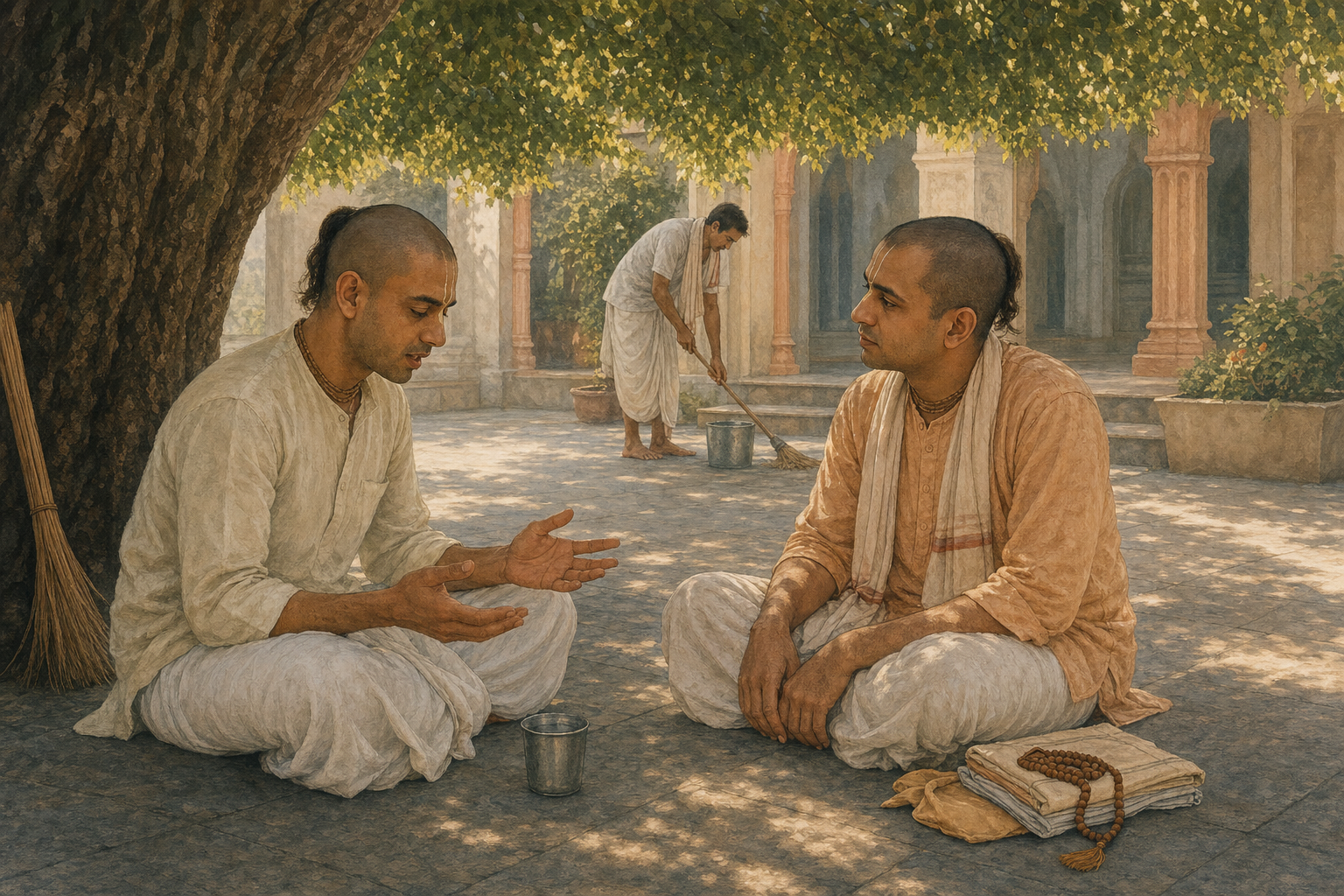 A practitioner listens to a peer's correction near a temple hall while another person carries cushions after kirtana.
