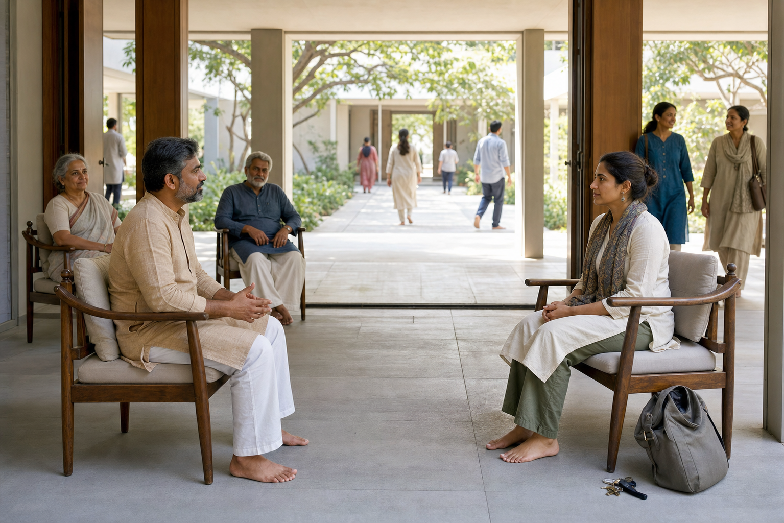 A teacher and an adult student speak at equal eye level in an open pavilion while community elders remain visible nearby.