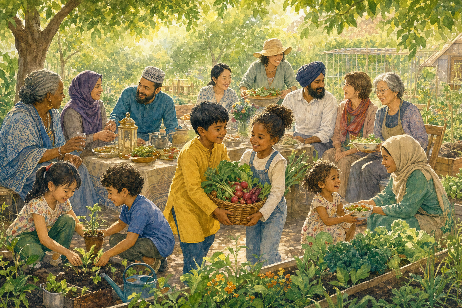 Children and adults from diverse families share food, carry vegetables, and plant seedlings together in a neighborhood garden.