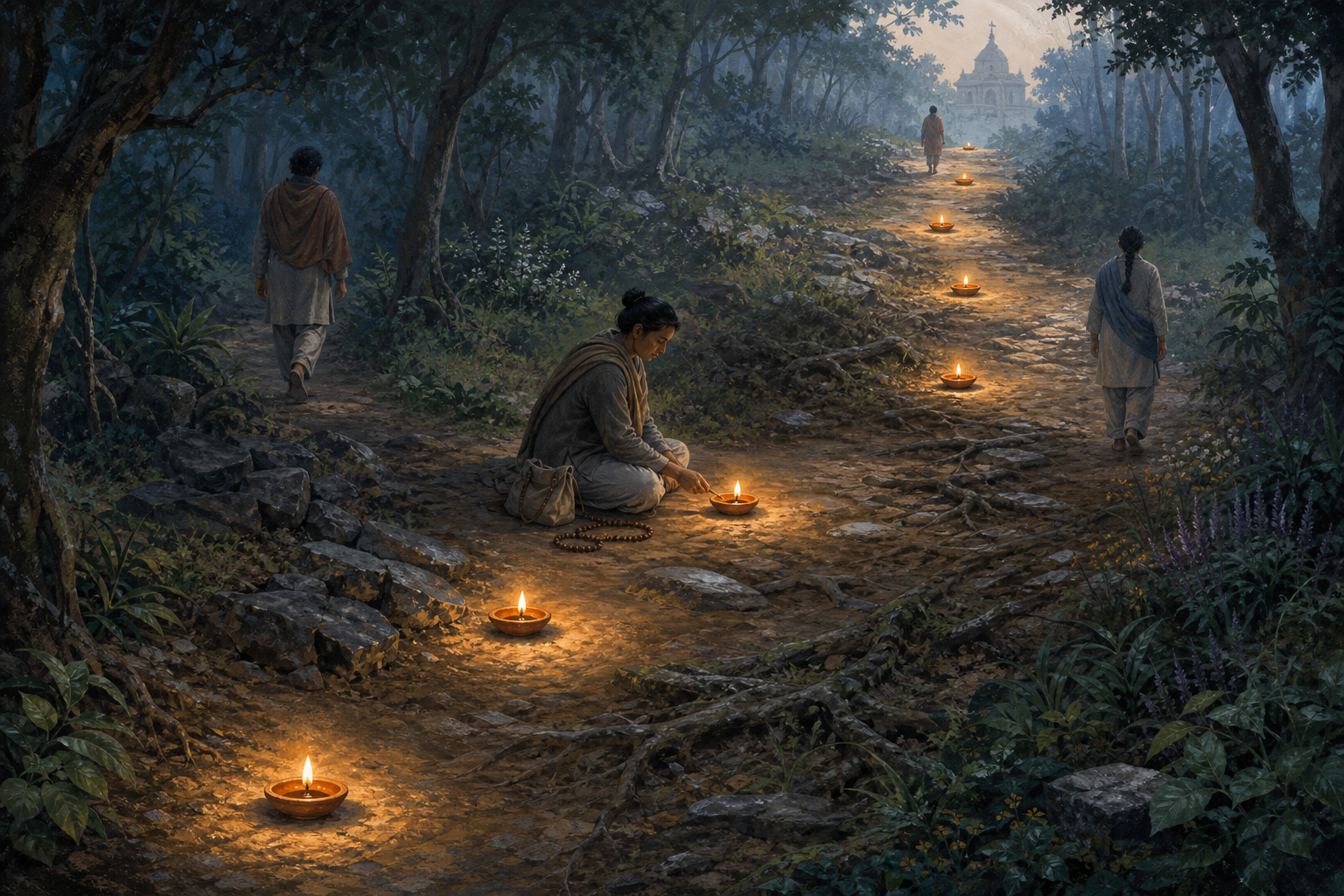 Five connected scenes show one practitioner receiving correction, washing pots, adapting to rain, chanting quietly, and listening to another person.
