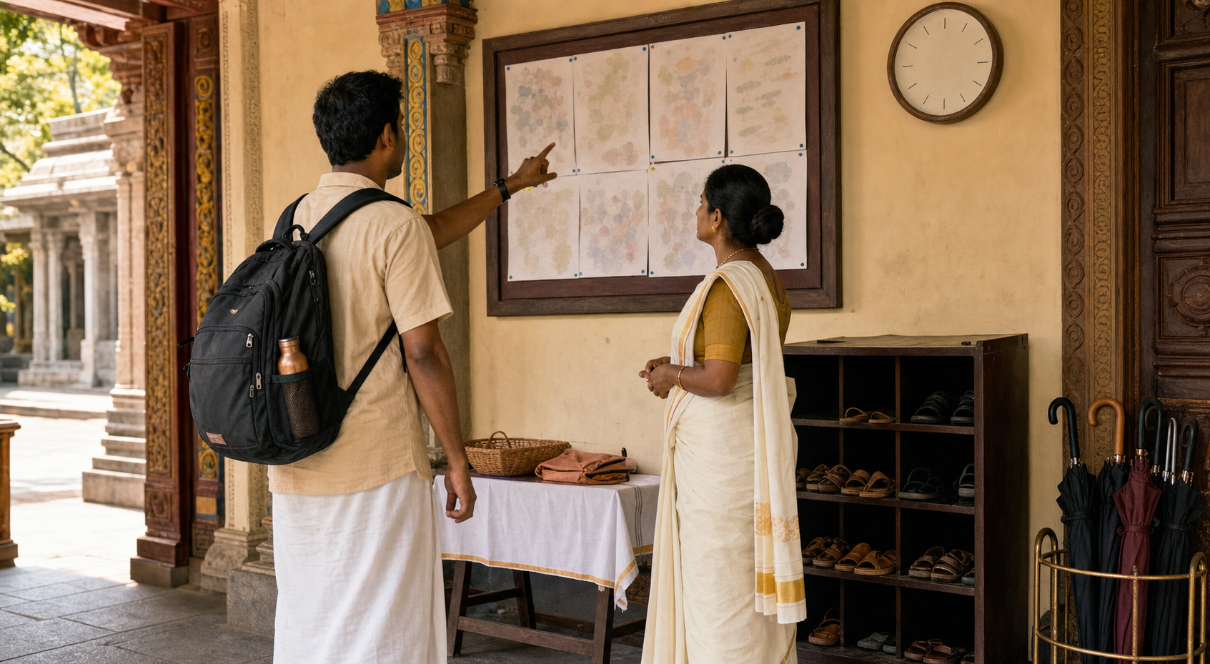 A pilgrim asks a temple attendant for guidance near an unreadable noticeboard, shoe shelf, bag-check table, umbrella stand, and wall clock.