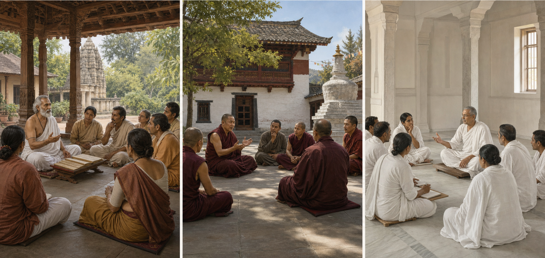 Three panels show Hindu, Buddhist, and Jain teachers leading adult study groups in distinct learning settings.