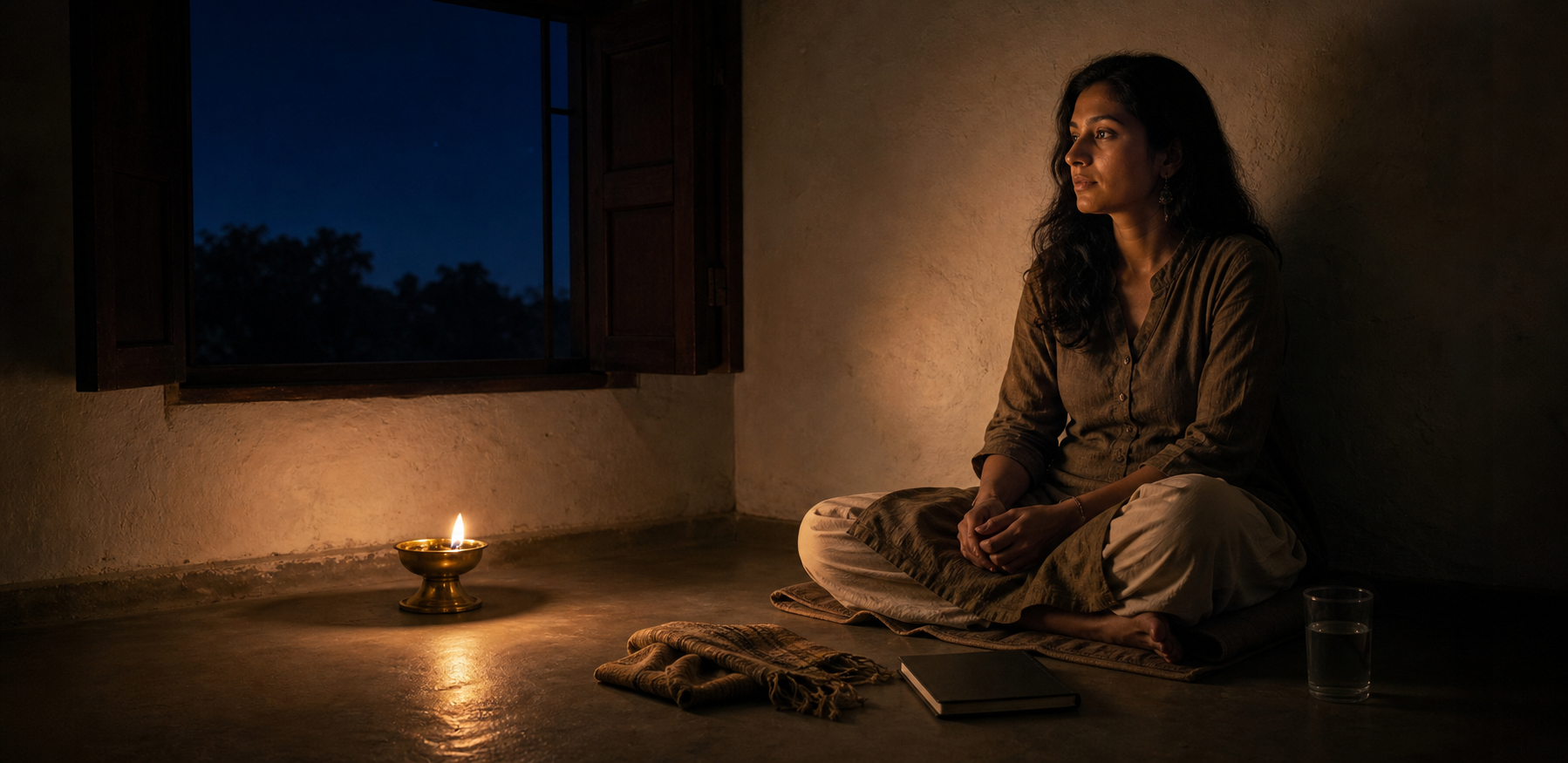 A person sits attentively on a floor cushion beside a small oil lamp in a dark room with an indigo night sky visible through the window.