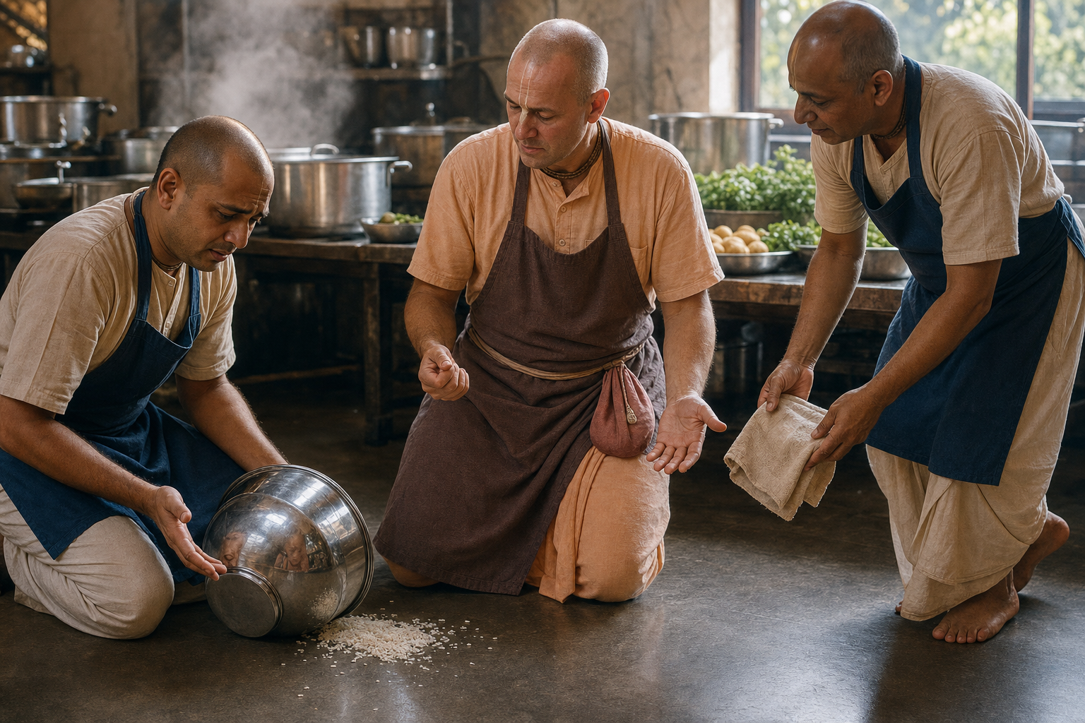 Two practitioners begin cleaning spilled flowers and a broken clay pot in a rain-soaked temple courtyard.
