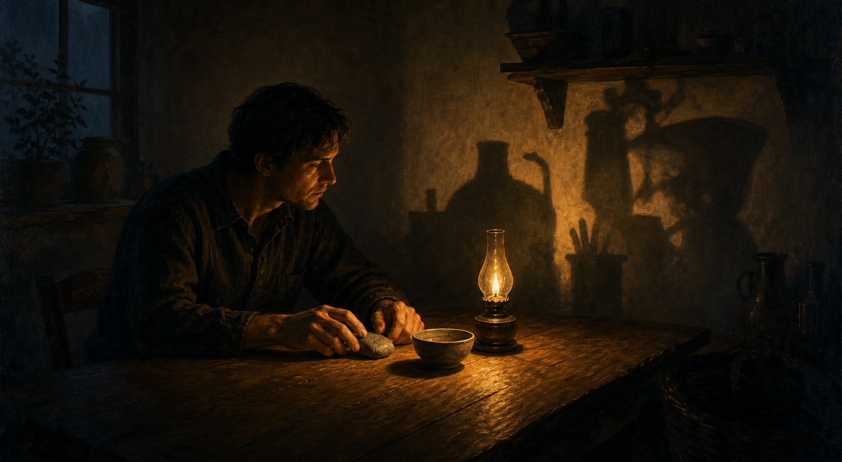 A person stands at a doorway between a softly lit room and a dark courtyard just before dawn.
