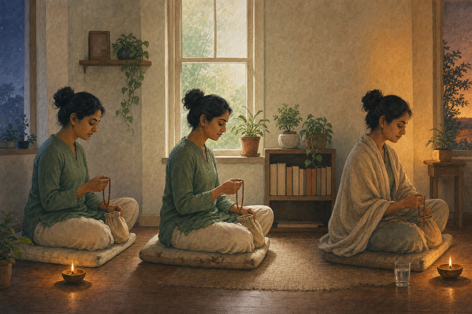 The same practitioner chants in a simple home prayer corner at morning, midday, and evening, suggesting a repeated daily routine.