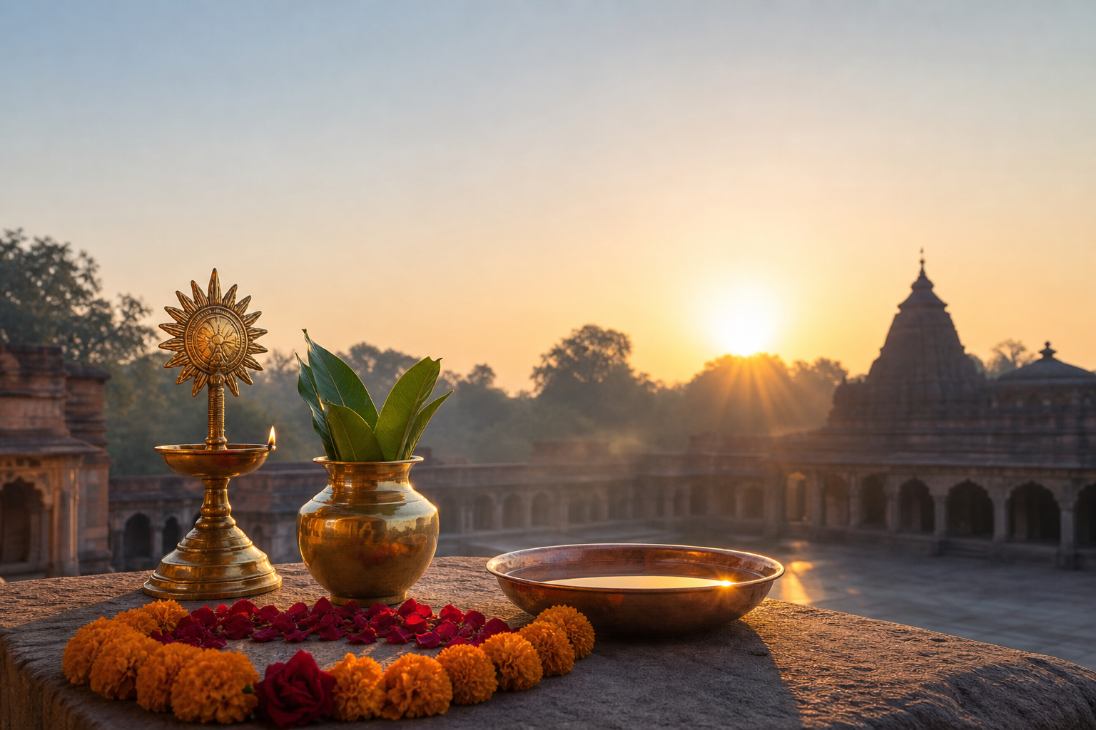 Brass puja vessels, flowers, and a lit Surya lamp on a stone altar illuminated by sunrise in a temple courtyard.