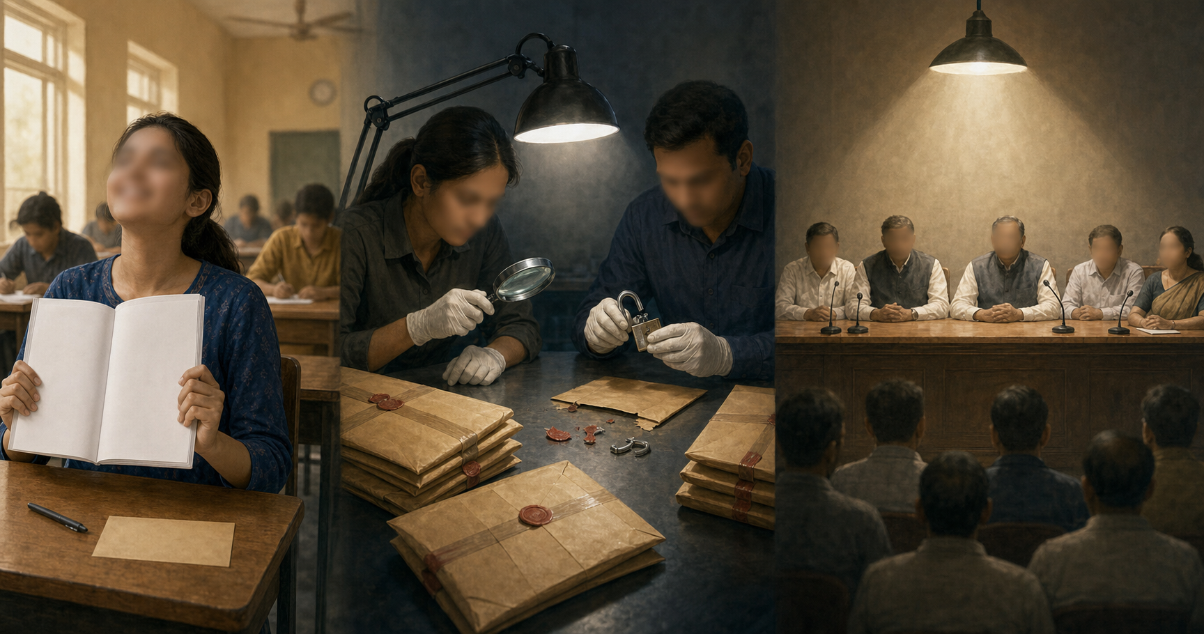 A candidate, investigators, and officials appear in three connected scenes representing examination relief, criminal inquiry, and political responsibility.