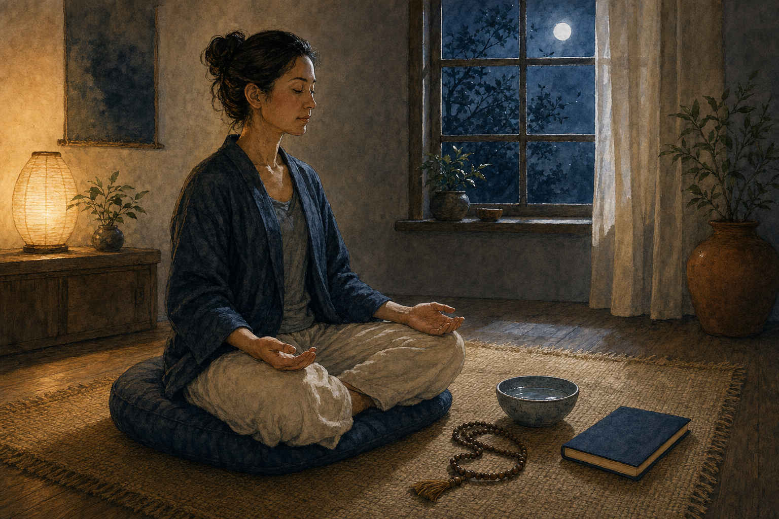 A seated practitioner rests with open hands beside a lamp, bowl of water, prayer beads, and closed notebook in a quiet room at night.