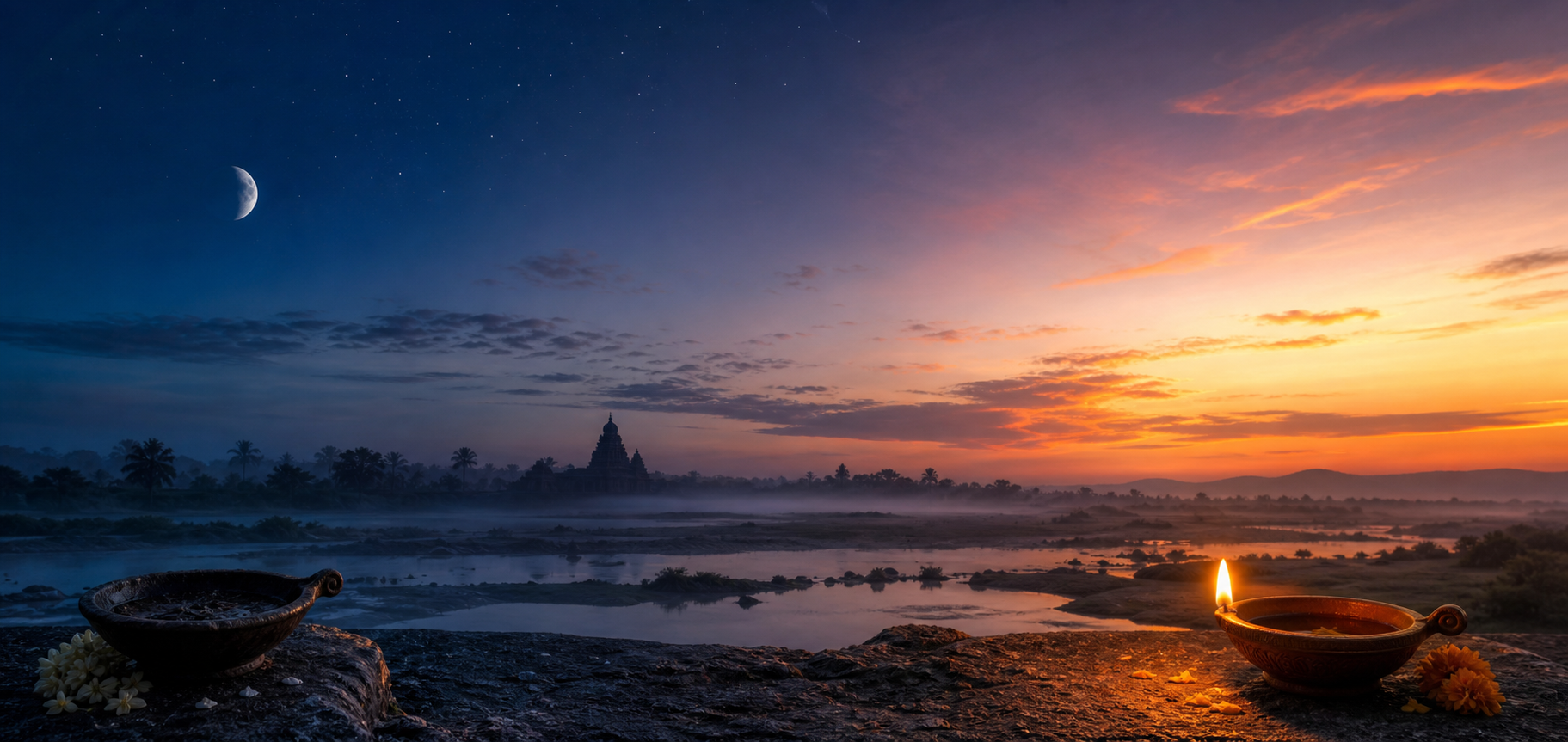 A waxing Moon over a temple landscape fades into sunrise, with an unlit lamp in the pre-dawn area and a glowing lamp in the morning light.