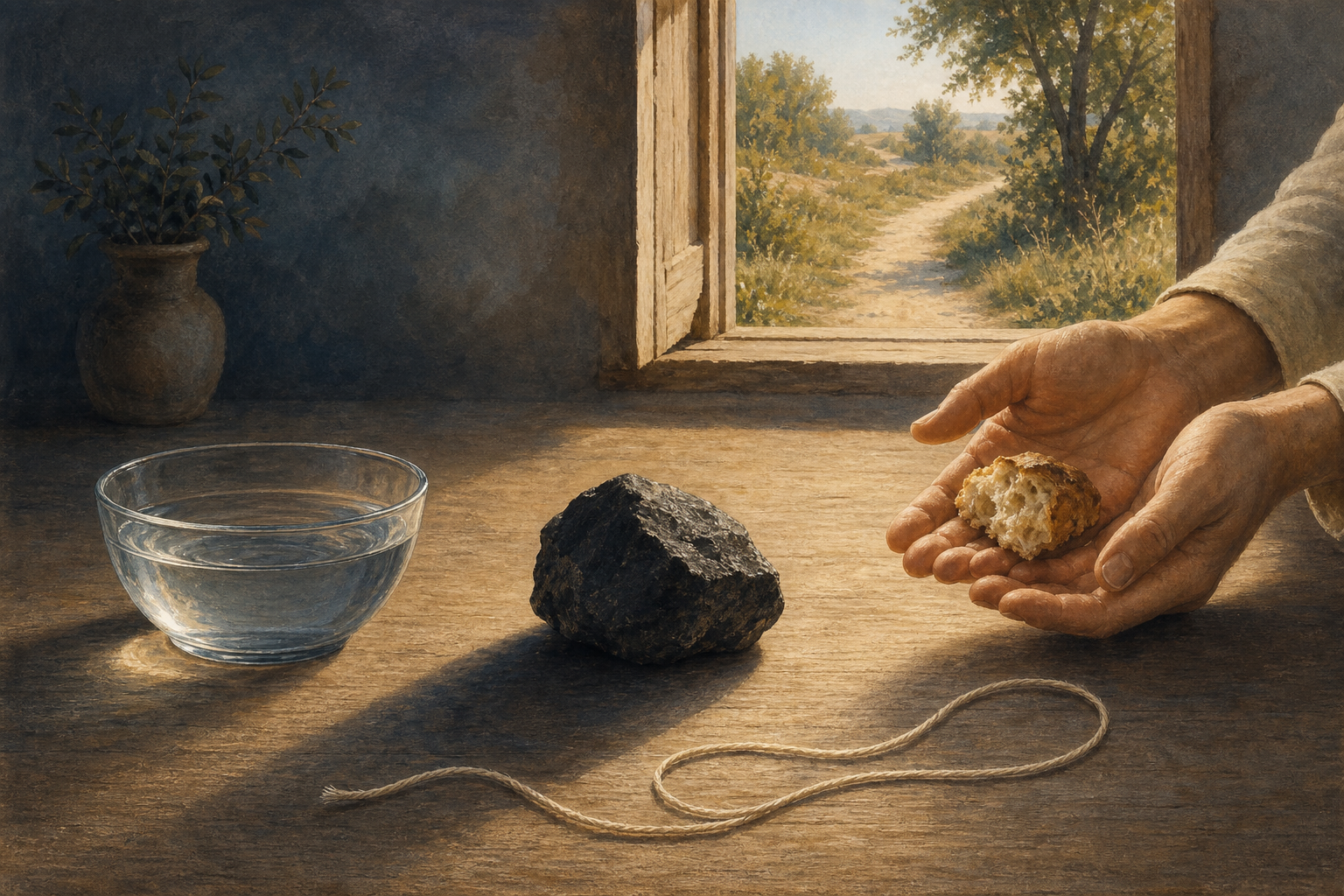 A dark stone sits beside a clear water bowl, an unbroken thread, hands offering bread, and a window opening onto a sunlit path.