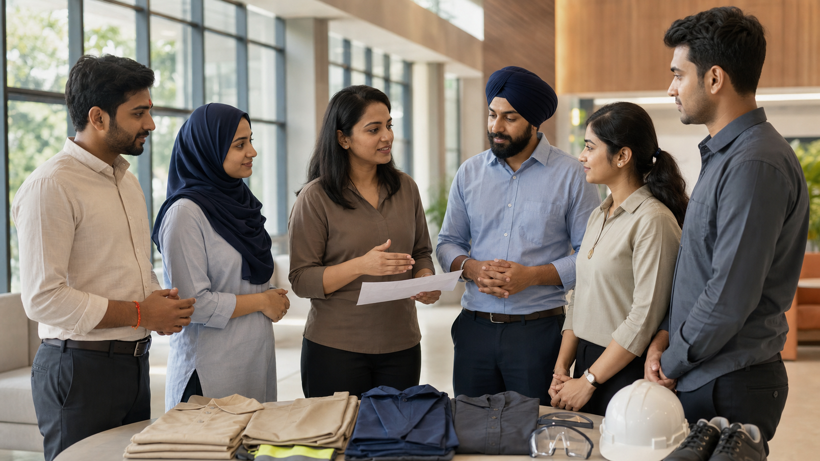 Indian employees wearing a tilak, kalava, turban, kara, hijab, and pendant discuss plain uniforms and safety equipment with an HR manager in a modern workplace.