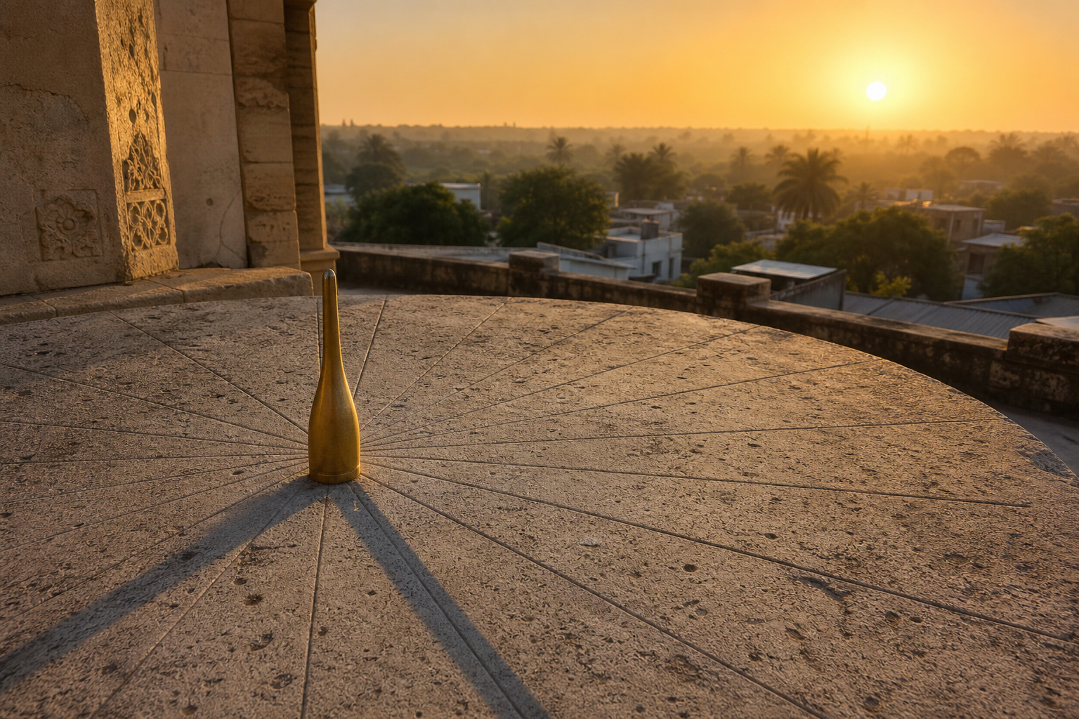An unmarked brass gnomon casts a long sunrise shadow across a circular stone surface in an Indian courtyard.