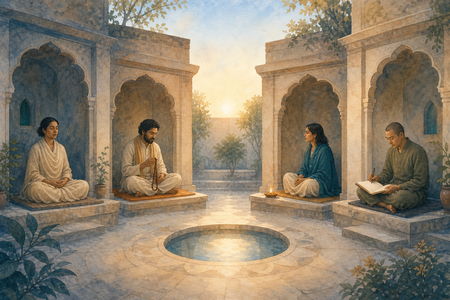 Four practitioners engage separately in meditation, prayer beads, quiet listening, and reflection around a shared courtyard at dawn.