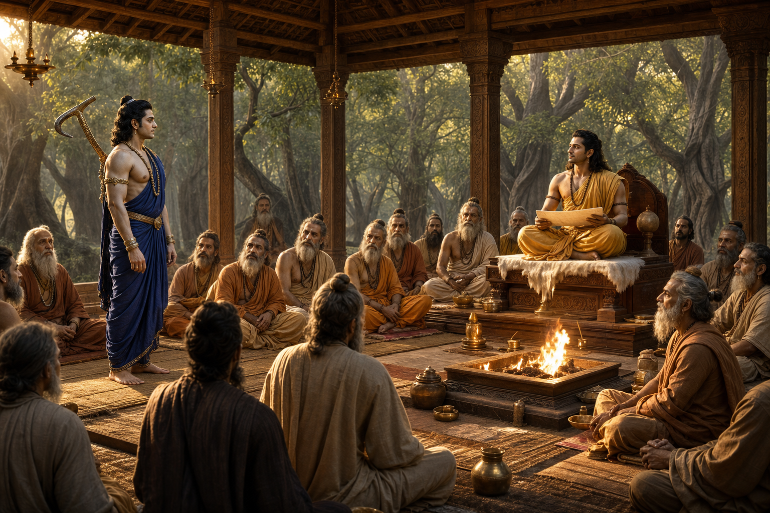 Balarama stands before Romaharshana, who remains seated on an elevated teacher's seat among assembled sages in a forest pavilion at Naimisharanya.