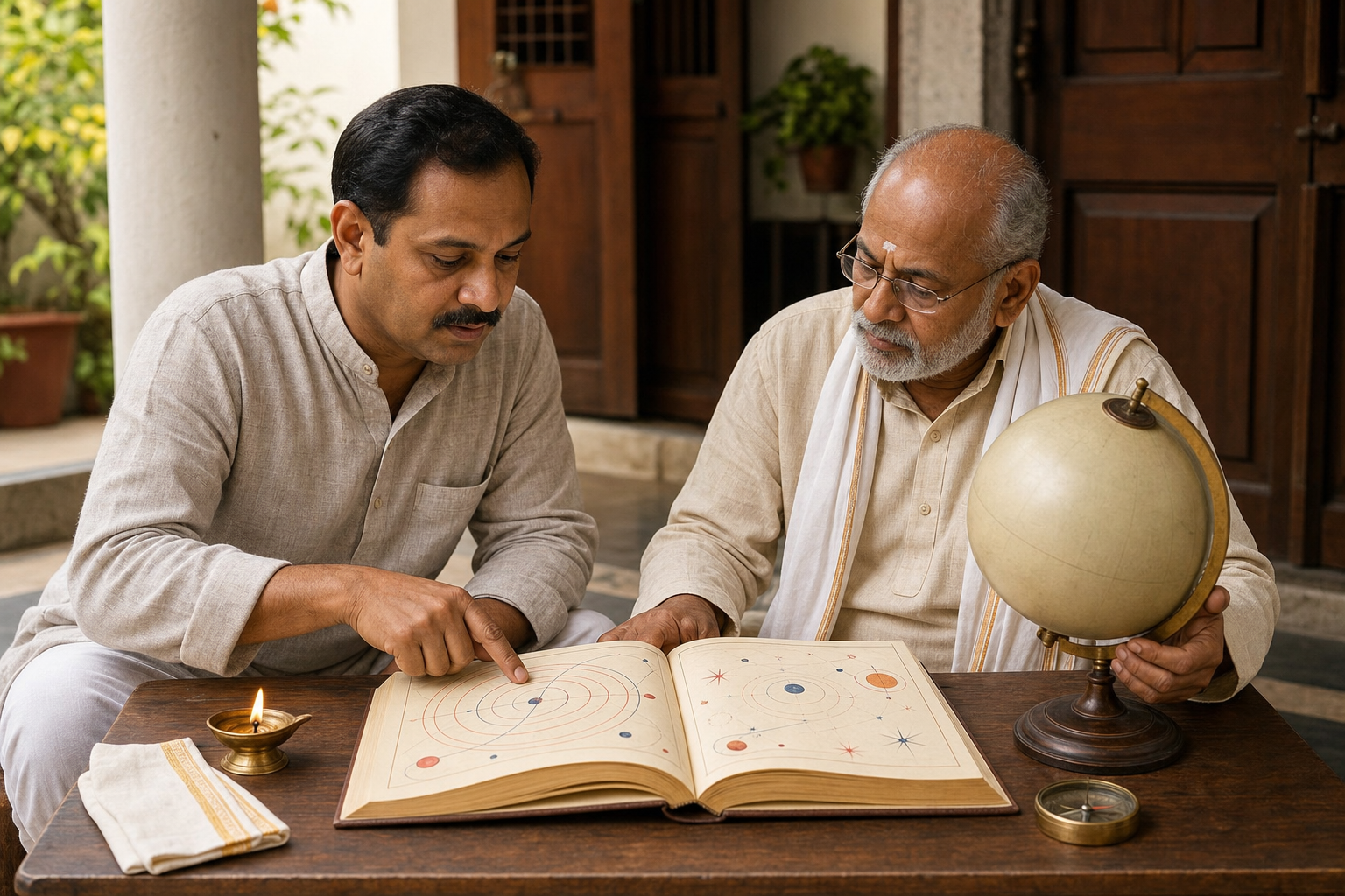 A householder and temple scholar compare an open almanac, celestial globe, and compass beside a small brass lamp.