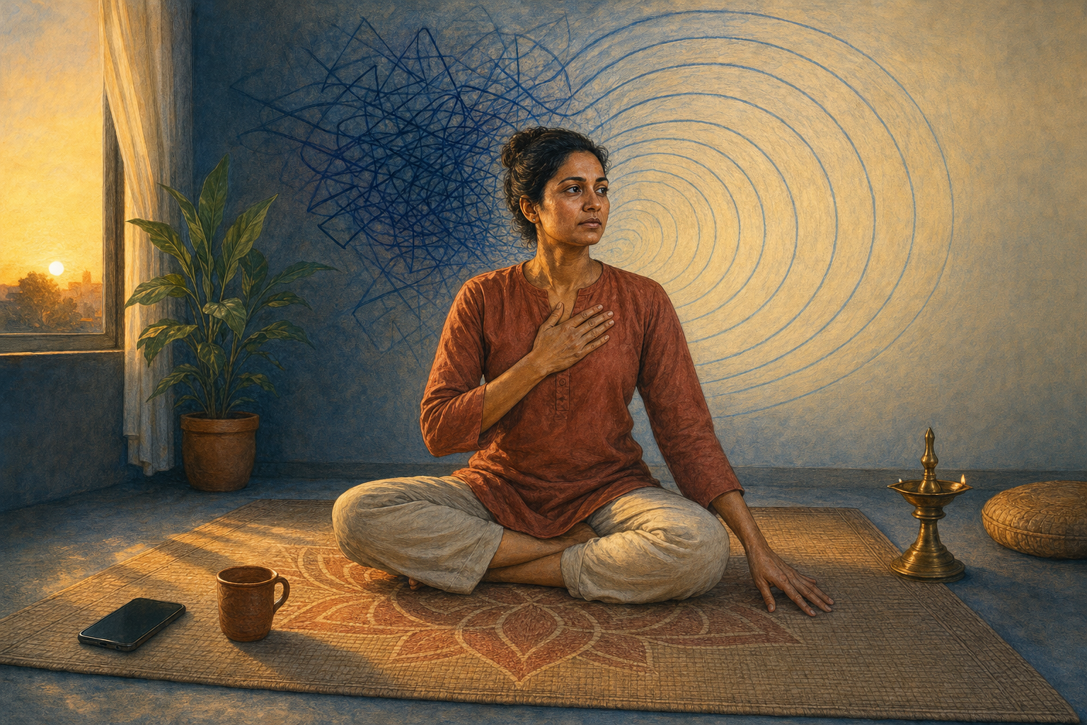 An adult sits on a woven mat with one hand on their chest and one on the floor as tangled dark lines open into calmer curves around them.